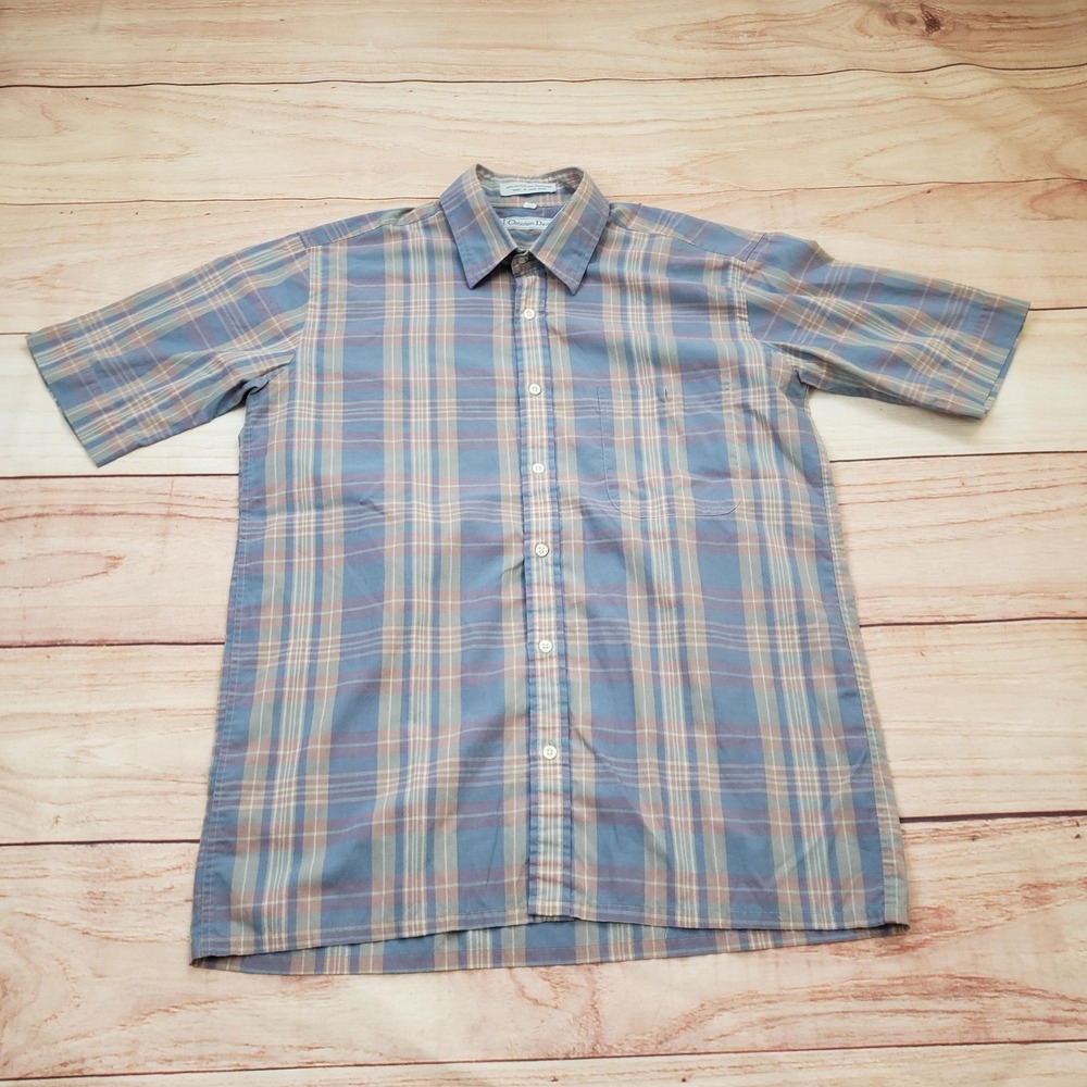 Vintage Christian Dior Shirt Mens Medium Blue Plaid Short Sleeve Button Up‎